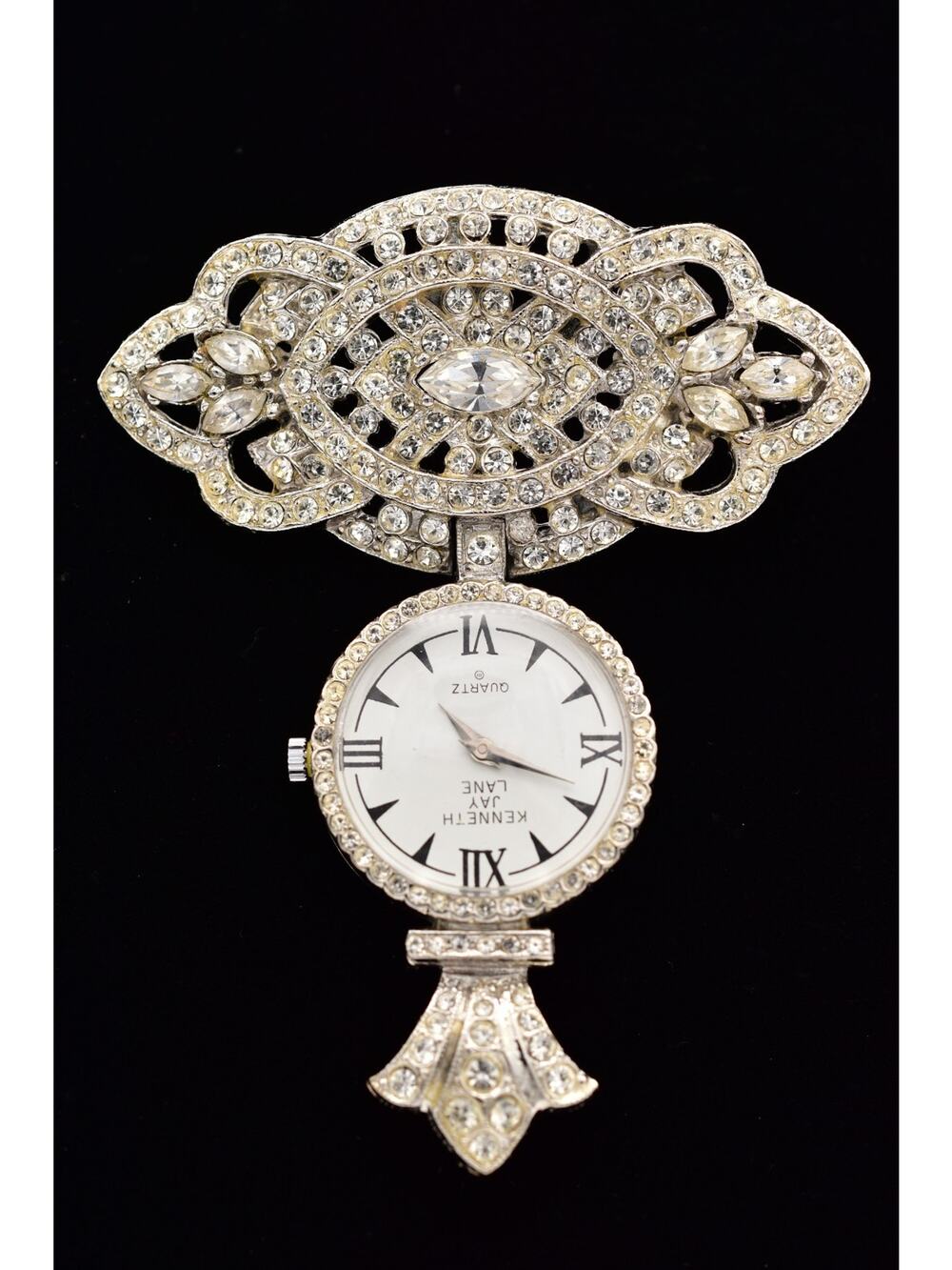 Kenneth Jay Lane Vintage Clock Brooch Crystal Silver Watch Pin Rare Signed BinBP